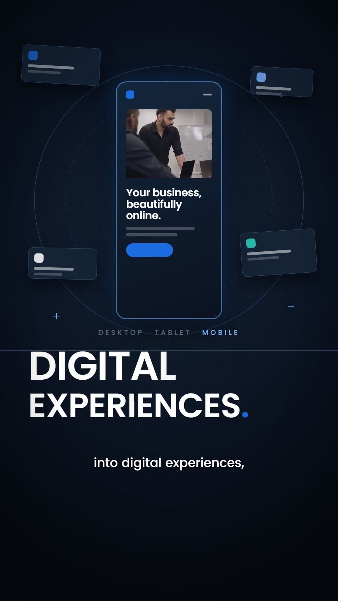 The words DIGITAL EXPERIENCES under a phone mock-up surrounded by interface cards