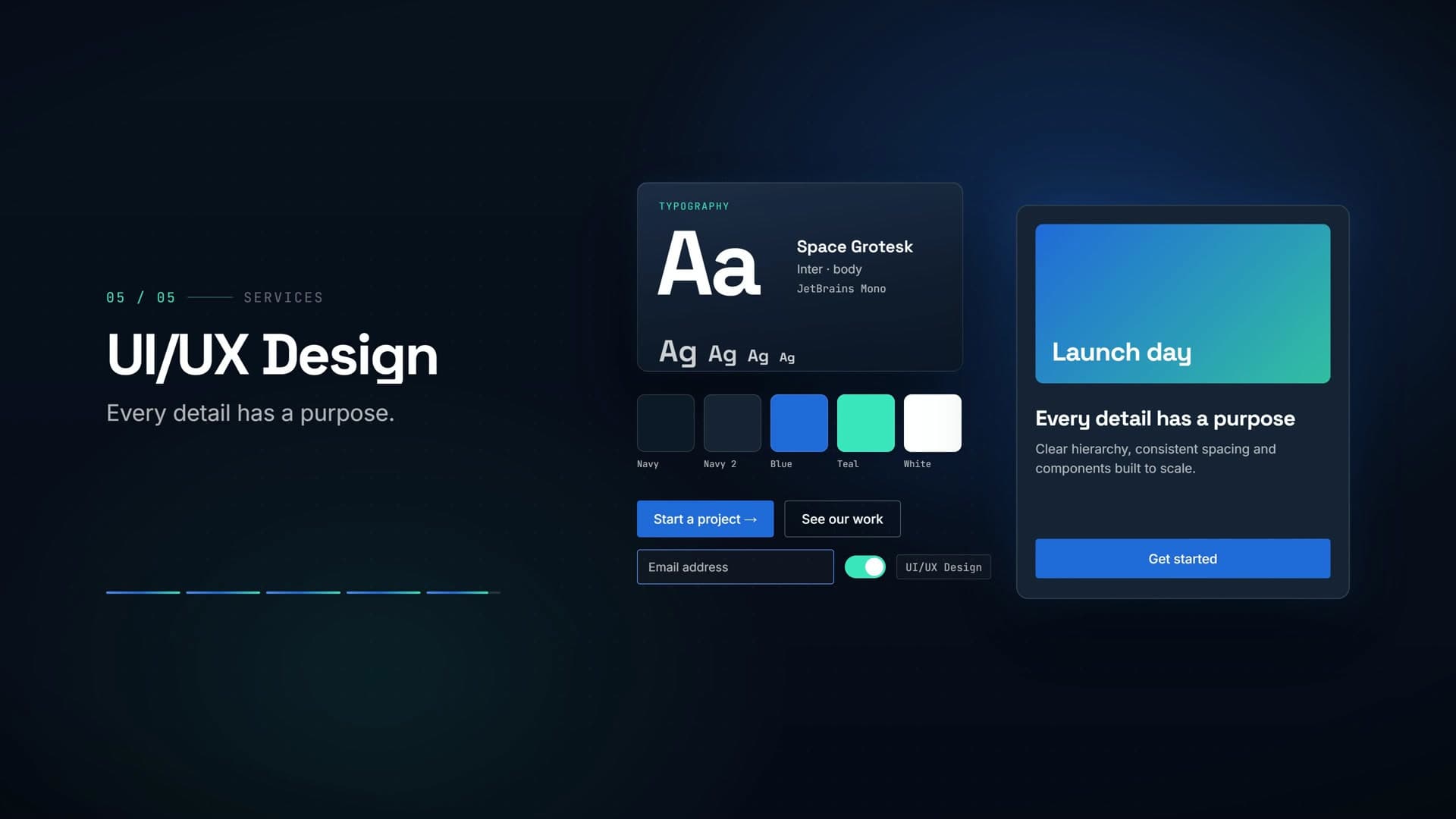 Type specimen, colour swatches and a Launch day card for the UI/UX Design chapter