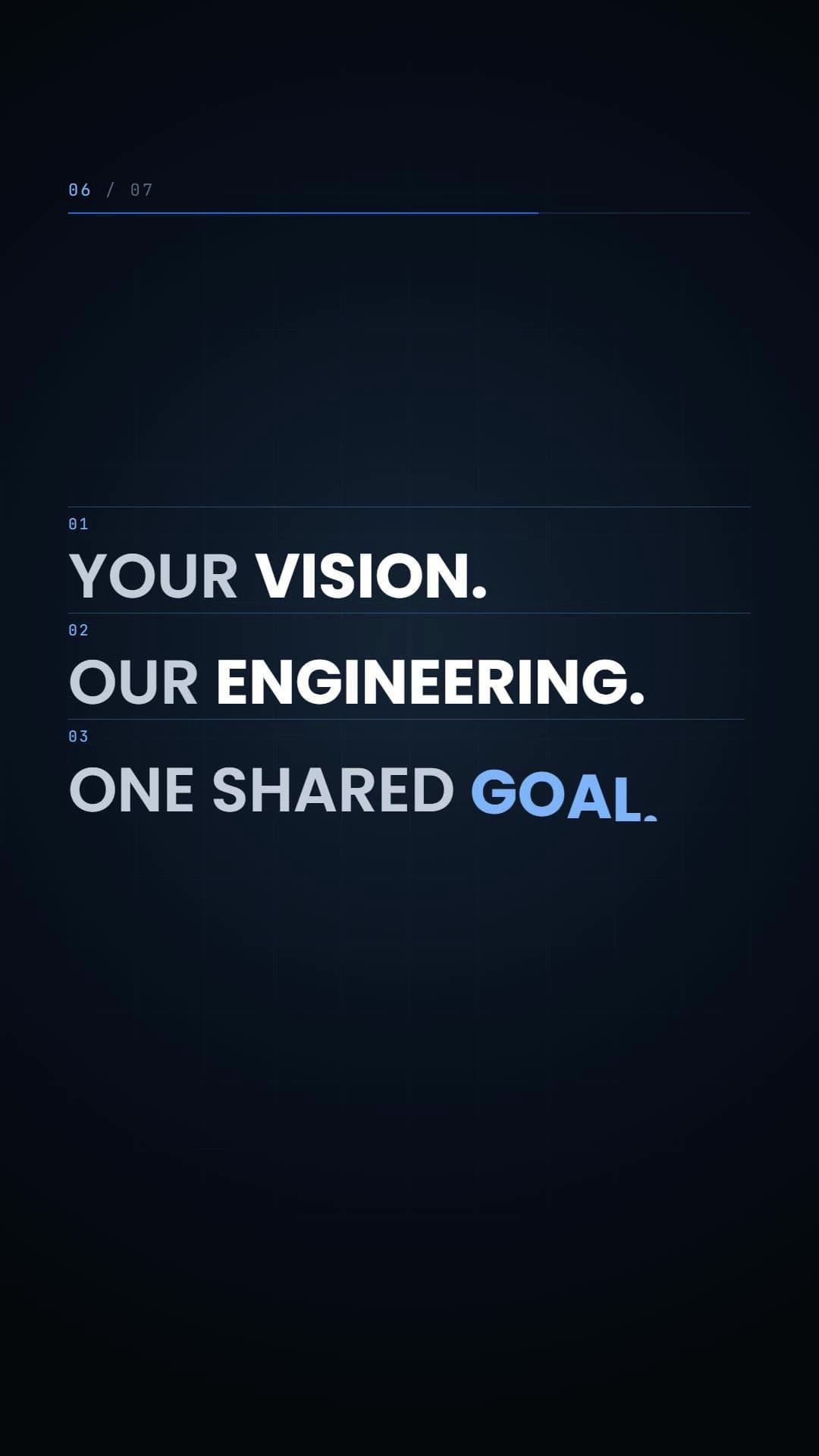 YOUR VISION. OUR ENGINEERING. ONE SHARED GOAL. in white and blue type on dark navy