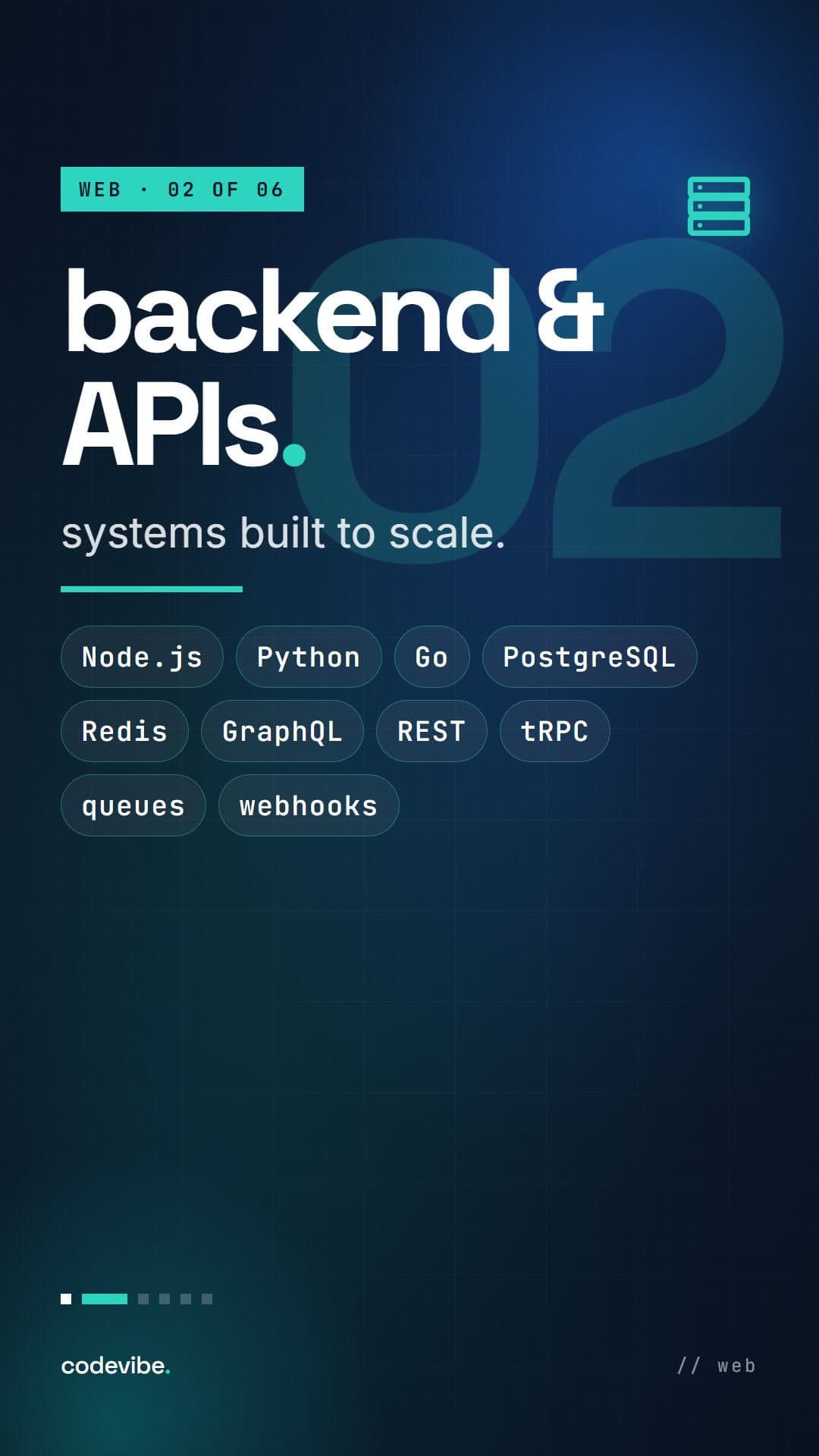 backend & APIs. with technology tags such as Node.js, Go and PostgreSQL
