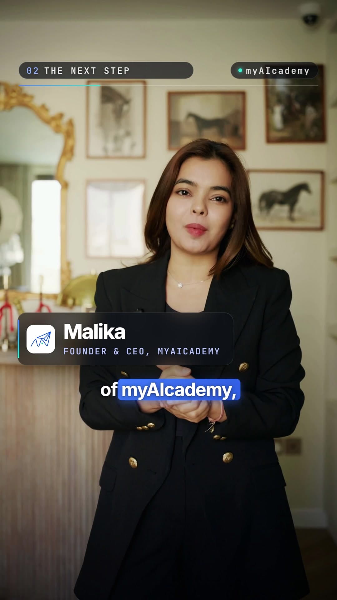 Malika, founder and CEO of myAIcademy, with her name lower-third and an animated caption
