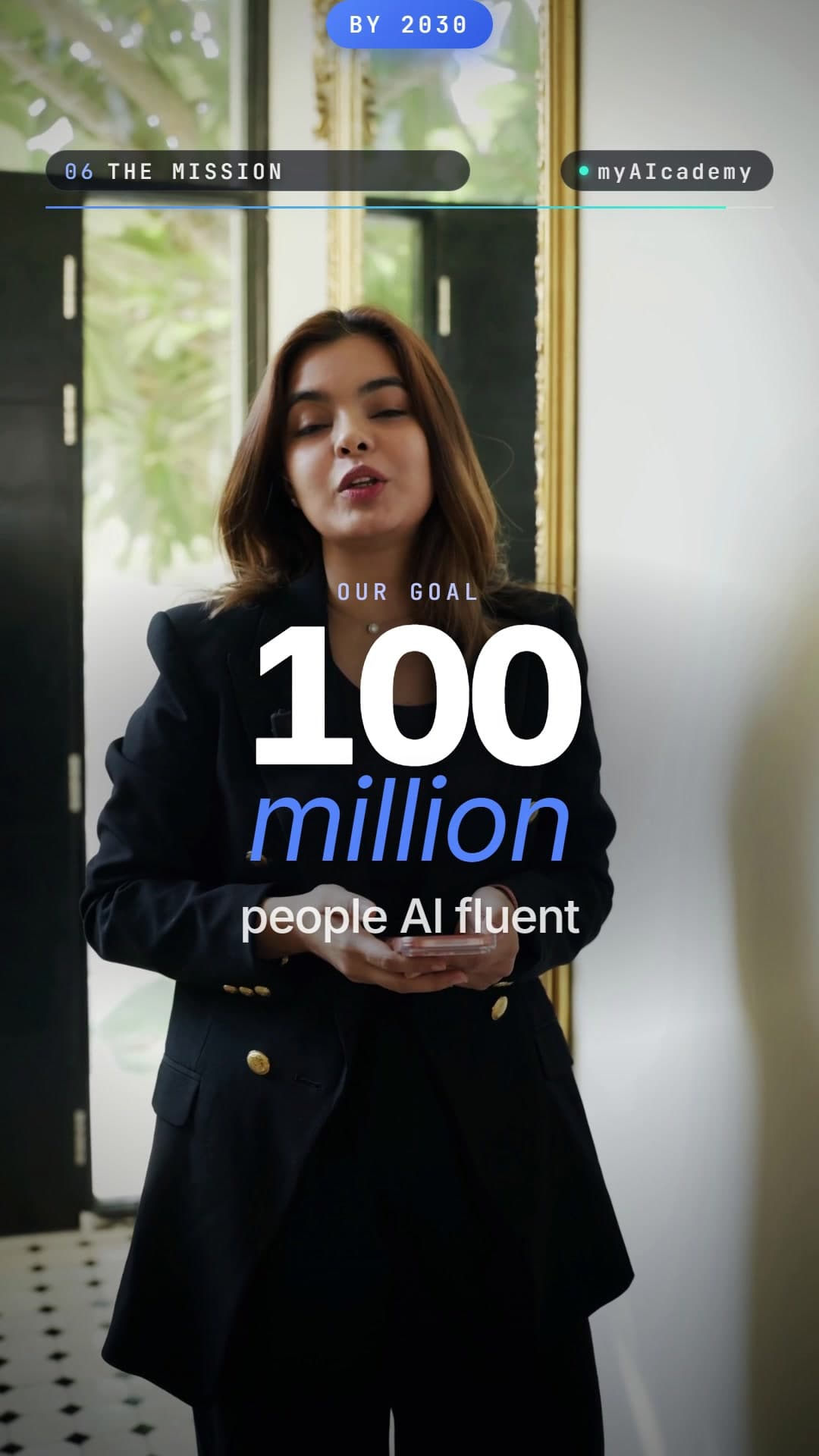 A big-number graphic reading 100 million people AI fluent, with a By 2030 pill