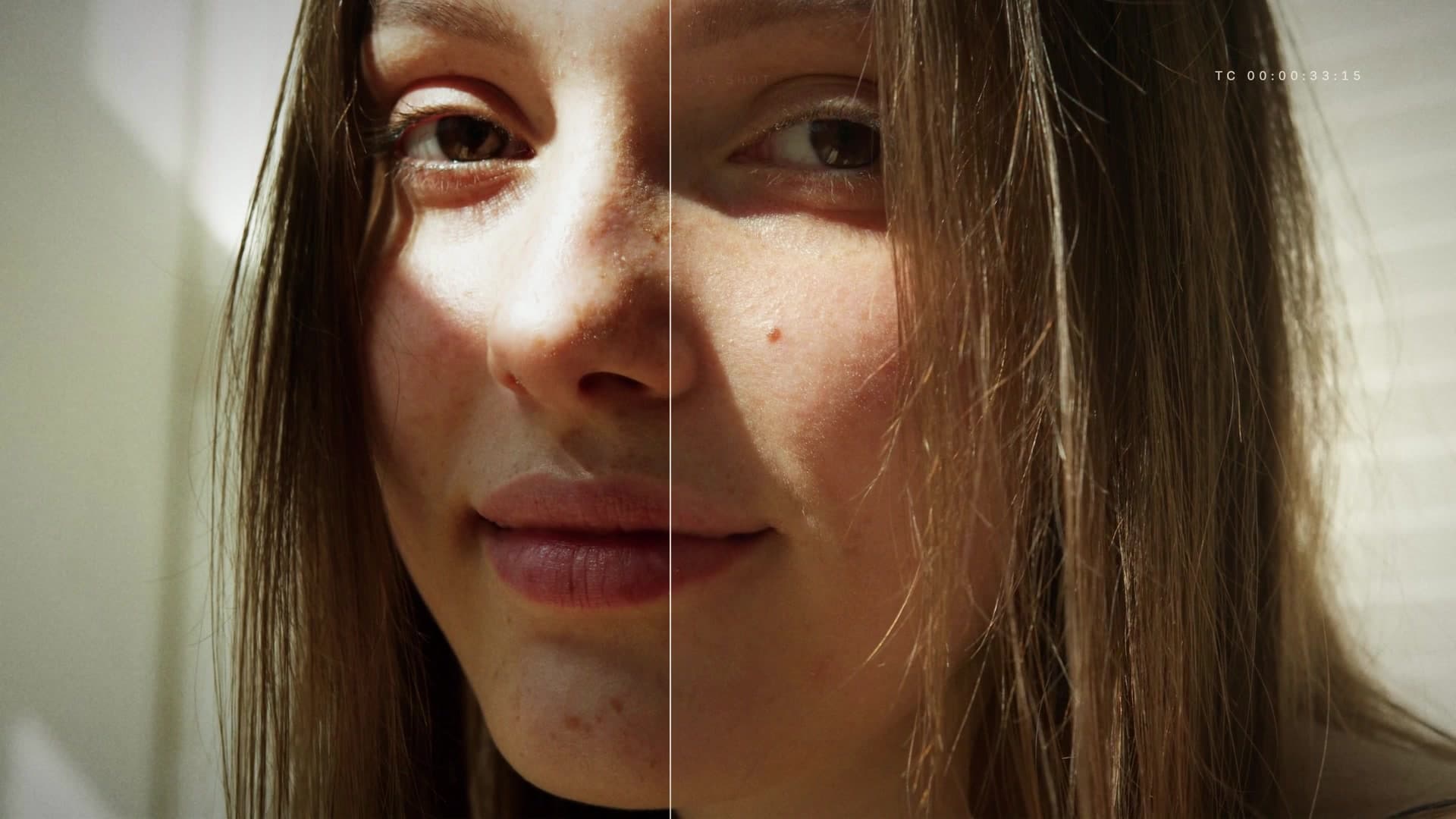 Split-screen before-and-after colour grade on a portrait