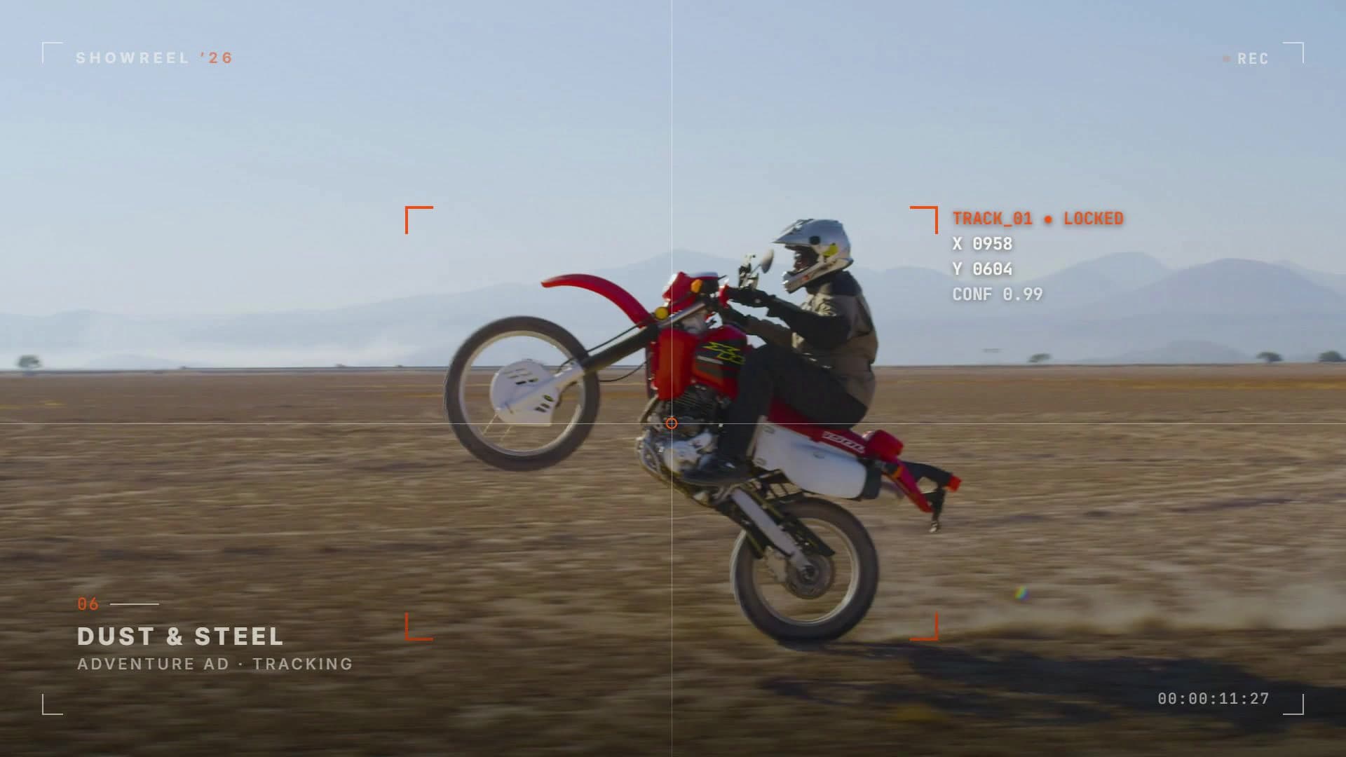 Frame from Anshuman Patel's 2026 showreel: a motocross rider pulling a wheelie across a desert, with tracking overlays