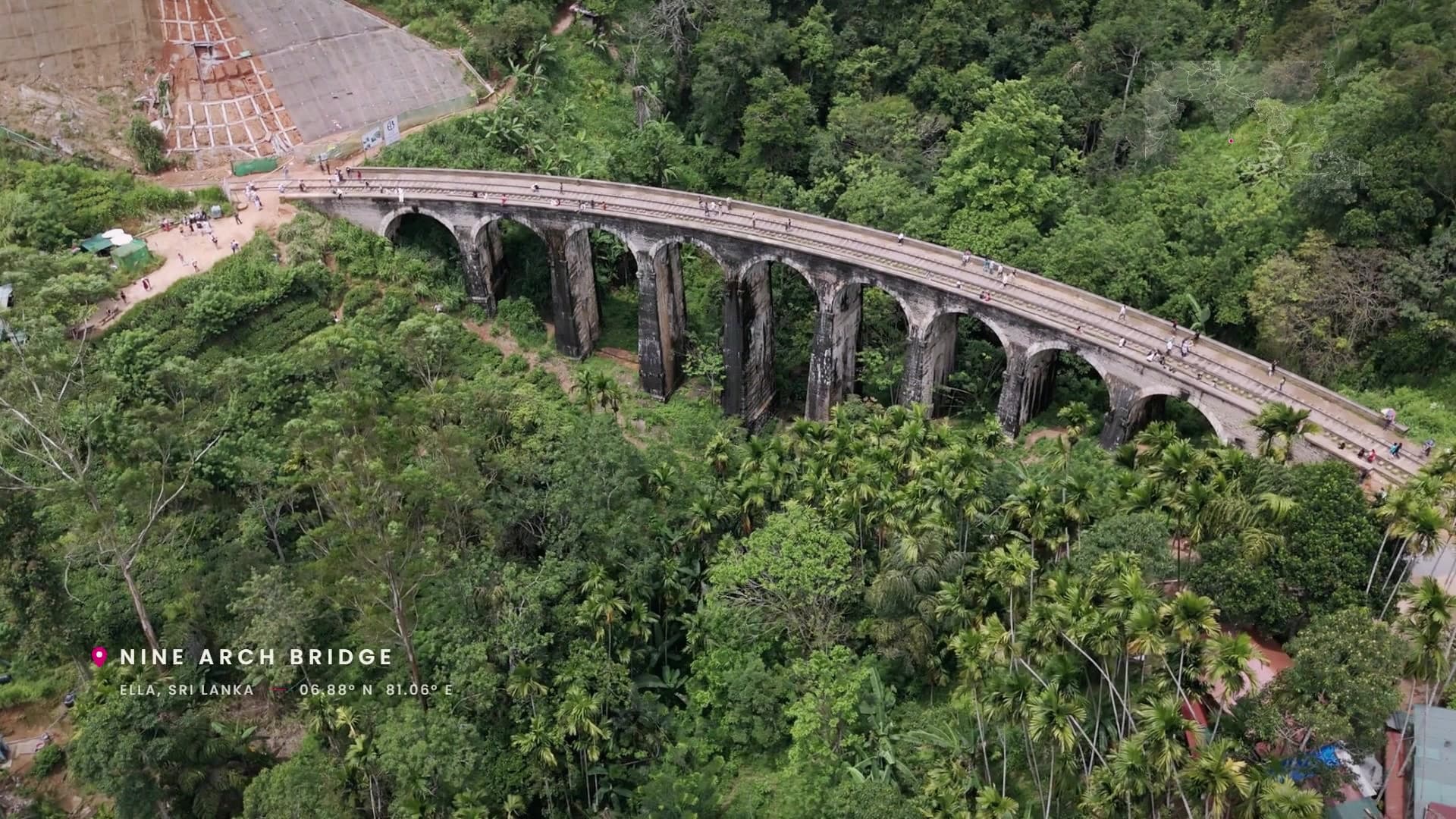 Aerial view of the Nine Arch Bridge in Ella, Sri Lanka, surrounded by jungle