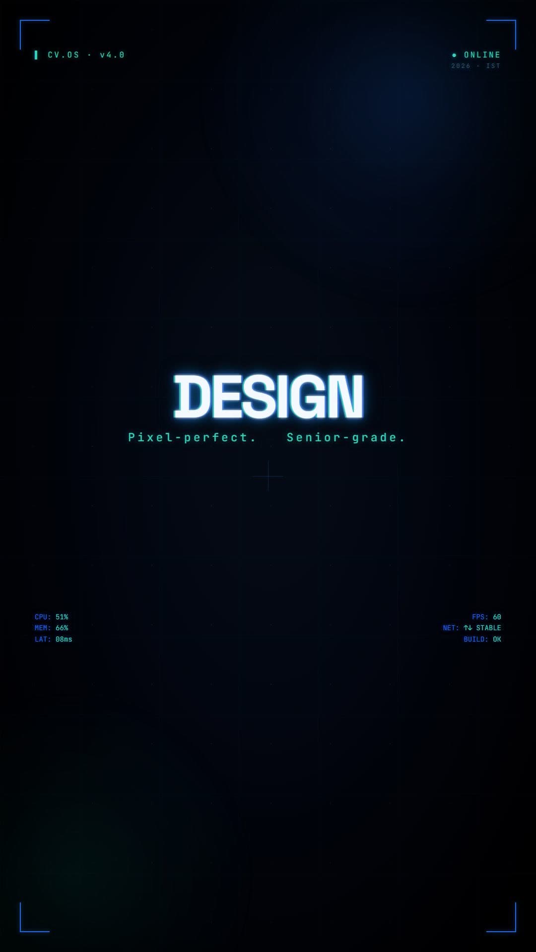 The word DESIGN glowing alone at the centre of a HUD frame