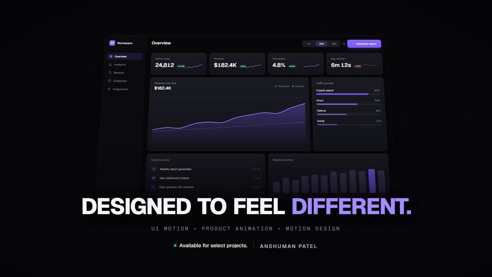 End card: DESIGNED TO FEEL DIFFERENT. with the role line UI motion, product animation, motion design